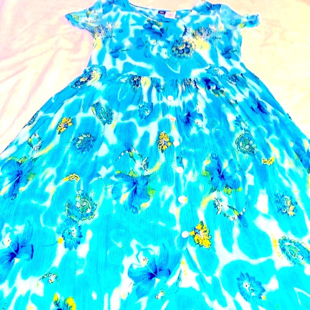 Vintage blue/green beach floral vacation dress Medium